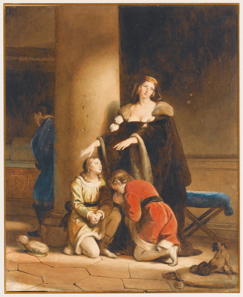 Elisabeth Woodville, dronning af England, siger farvel til sine sønner, Edward V og Richard, hertug af York, med en sørgende mand bag en kolonne af Alexandre Evariste Fragonard