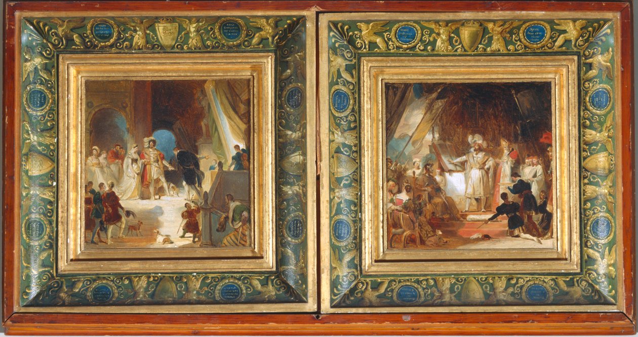 Frans I og hans hof modtager værker fra Italien af Primaticcio - Frans I slået til ridder af Bayard ... af Alexandre Evariste Fragonard