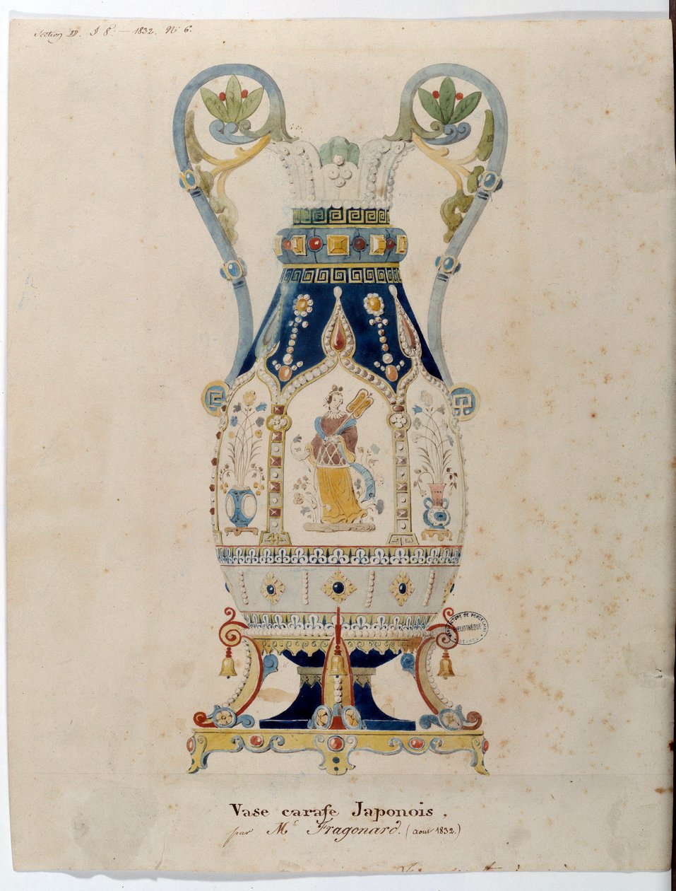 Japansk karaffelvase akvarel af Alexandre Evariste Fragonard (1780-1850) 1832 Sevres. Porcelænsfremstilling af Alexandre Evariste Fragonard