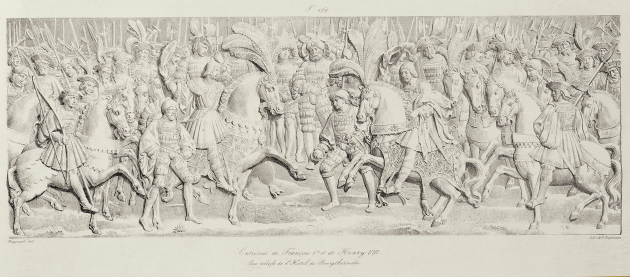 Møde mellem Francois I og Henrik VIII på Guldklædets Mark efter det udskårne stenrelief i Hotel de Bourgtheroulde, Rouen, Normandiet, 1501-37, graveret af Godefroy Engelmann (1788-183) af Alexandre Evariste Fragonard