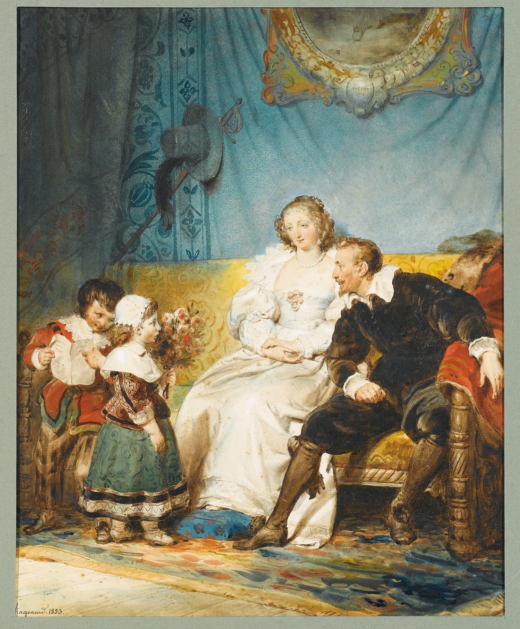 Rubens og Hélène Fourment sidder med Frans med et brev og Isabelle Hélène giver dem en buket roser af Alexandre Evariste Fragonard