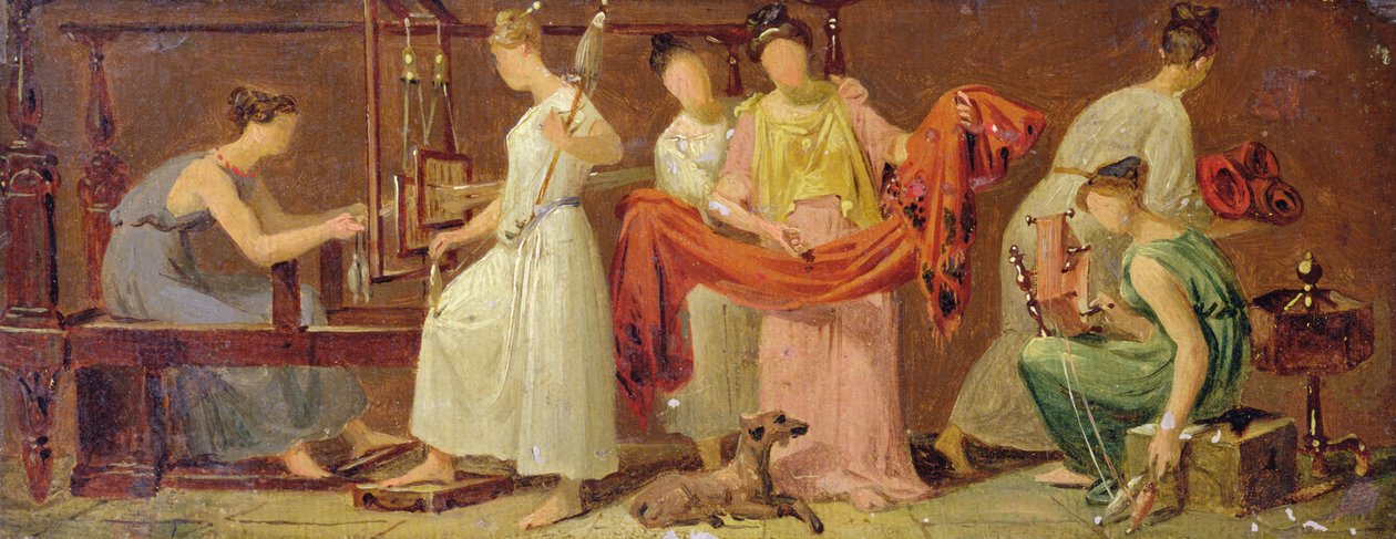 Seks kvinder, der væver i et interiør (olie på papir lagt på panel) af Alexandre Evariste Fragonard