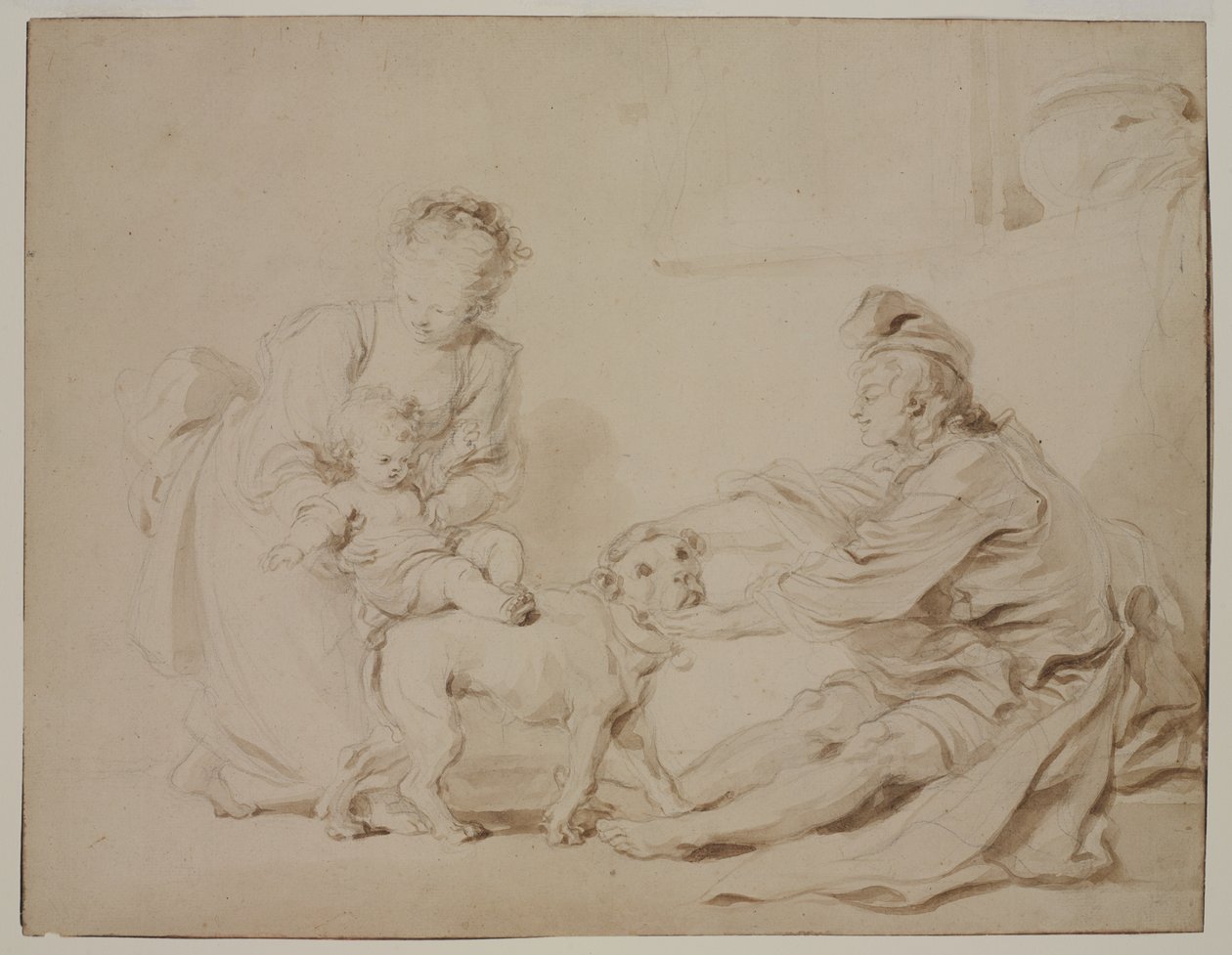 Den første ridelektion (La première leçon déquitation), ca. 1778 (grafit og brun vask på antikt lagt papir) af Alexandre Evariste Fragonard