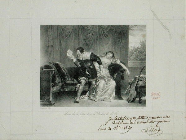 Brevscenen fra operaen Barberen i Sevilla af Rossini, graveret af Villain de Sevres af Alexandre Evariste Fragonard