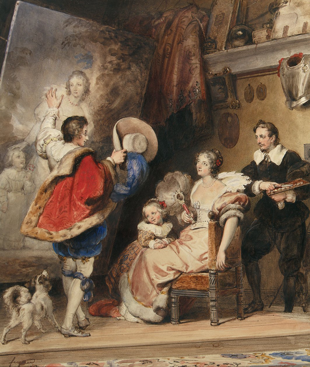 Ung mand beundrer et portræt af en dame og hendes lille datter af Alexandre Evariste Fragonard