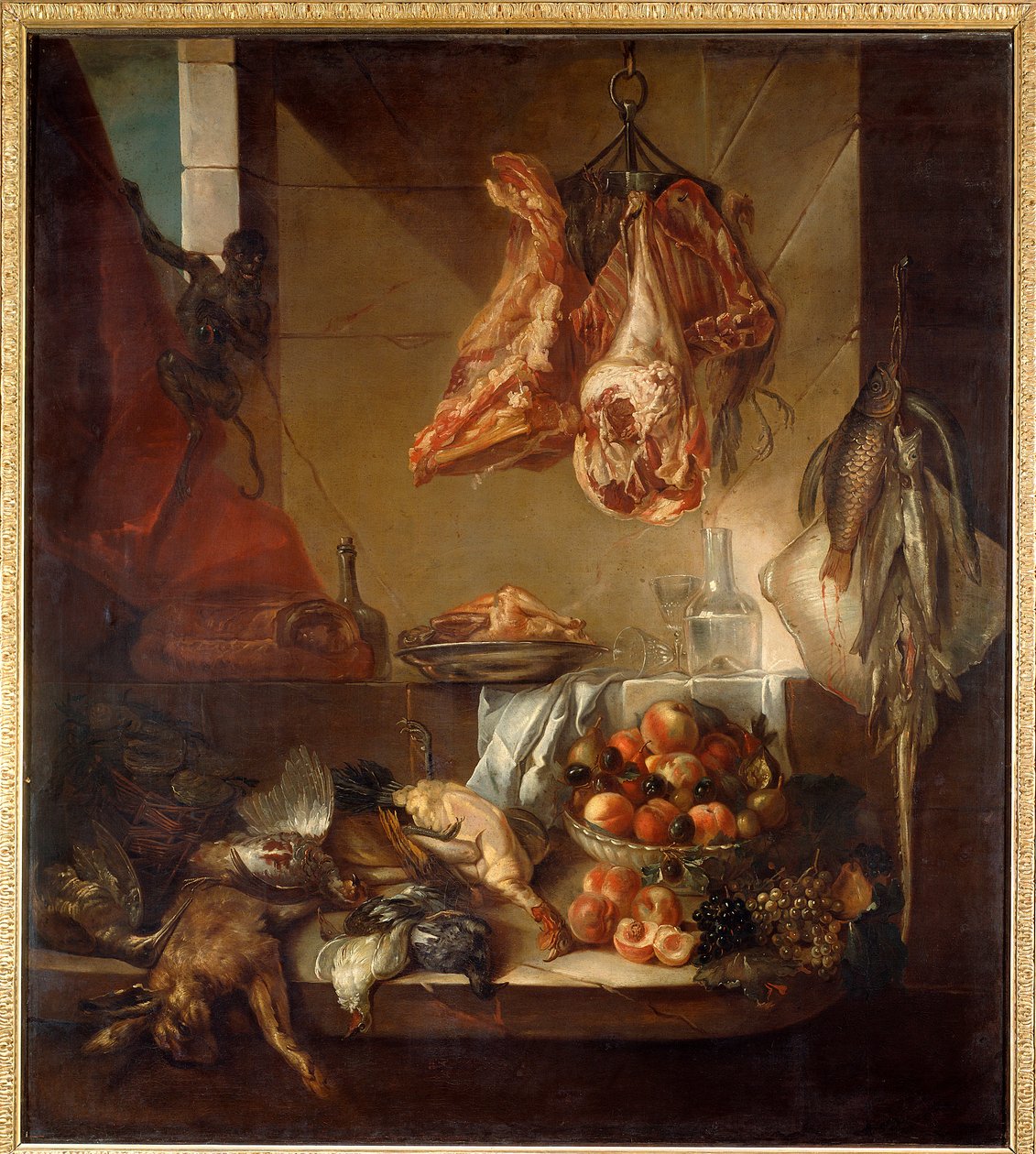 Et køkkeninteriør-stilleben af vildt, frugt og kød. Maleri af Francois Desportes (1661-1743) Chalons sur Marne fra det 18. århundrede, Musee des Beaux Arts af Alexandre Francois Desportes