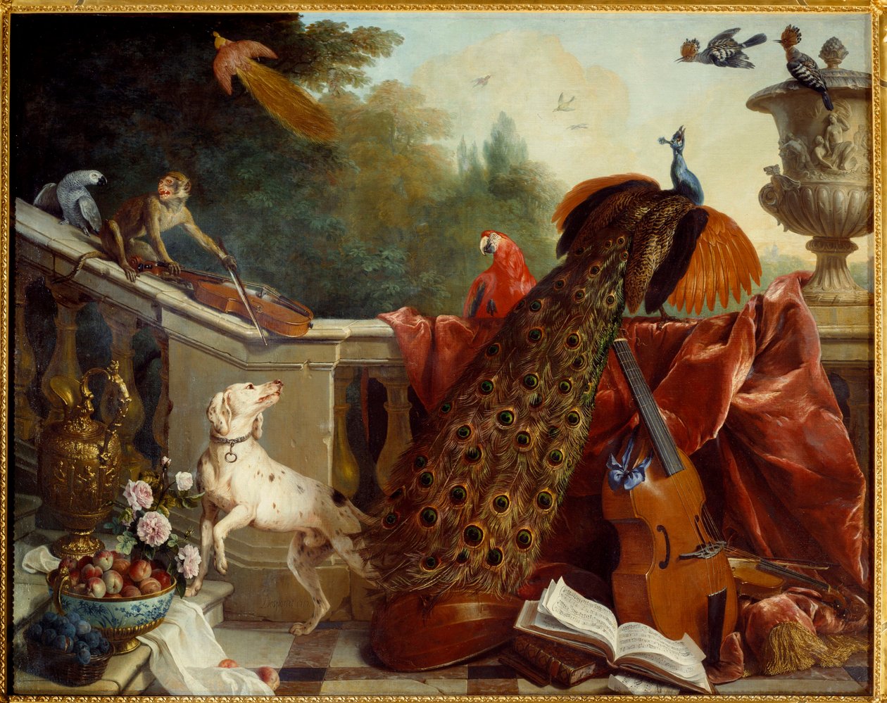 Dyr, blomster og frugter En hund, en abe, der spiller violin, en påfugl, en papegøje, en paradisfugl, strengeinstrumenter. Maleri af Francois Desportes (1661-1743) 1717 søn. 1,24x2,31 m Grenoble, musee des Beaux Arts af Alexandre Francois Desportes