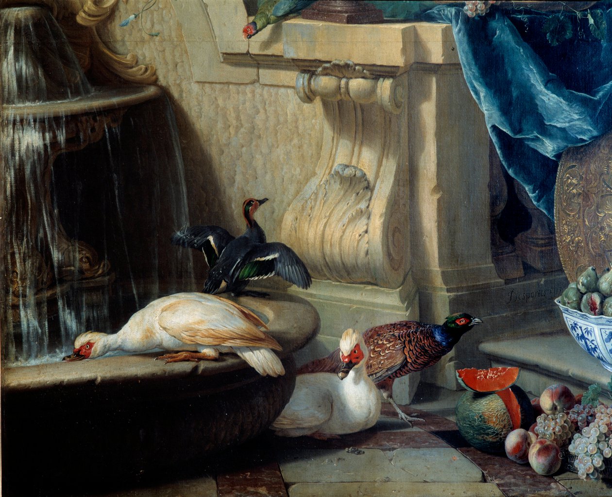 Ænder, fasan, frugt nær et springvand Detalje. maleri af Francois Desportes (1661-1743) Lyon fra det 18. århundrede, Musee des Beaux Arts af Alexandre Francois Desportes
