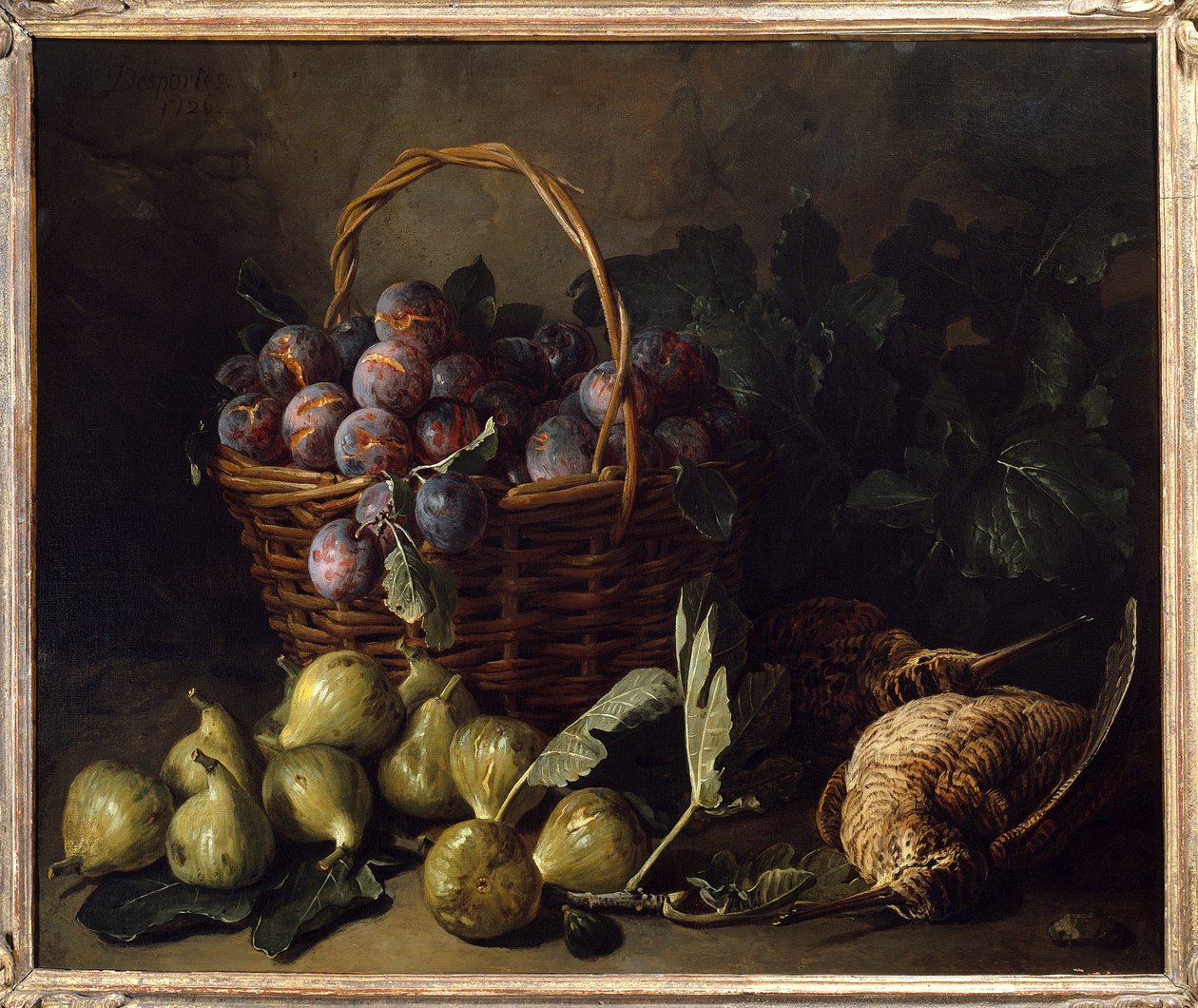 Stilleben, figner og blommer Maleri af Francois Desportes (1661-1743) Paris fra det 18. århundrede, dekorativ kunst af Alexandre Francois Desportes