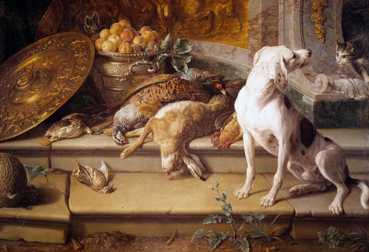 Stilleben Jagthund, vildt (hare, fasan, agerhøne) Detalje. Maleri af Francois Desportes (1661-1743) Gien fra det 18. århundrede, jagtmuseum af Alexandre Francois Desportes