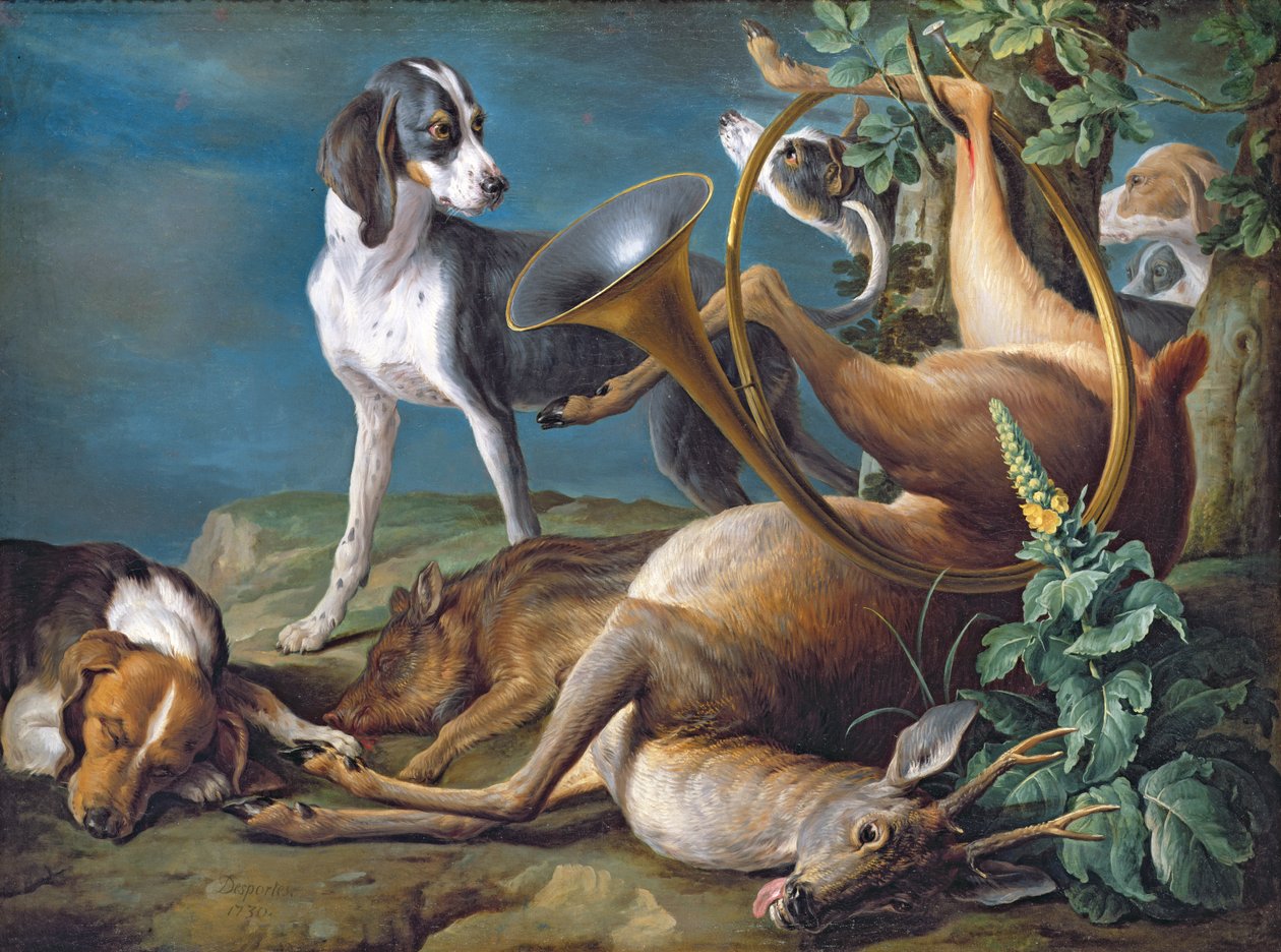 Still Life of Dead Game with Hounds, 1730 af Alexandre Francois Desportes