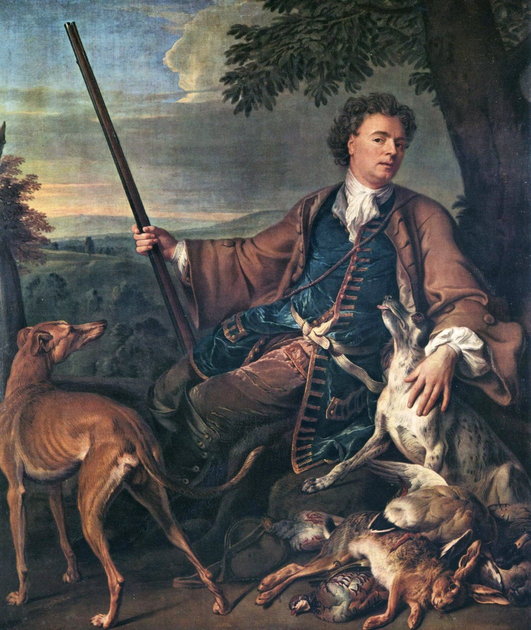 Fransk: Portrait de M. Desportes peint par lui-même avec du gibier mort à ses pieds (Portræt af kunstneren som jæger) Selvportræt i jagtdragt af Alexandre Francois Desportes