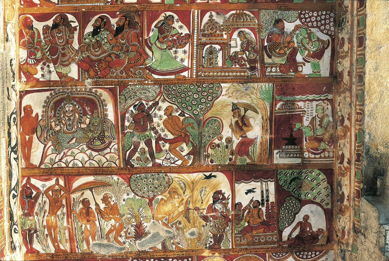 Fresker, der skildrer Shivas liv i helligdommen for Parvati, Nataraya-templet, Chidambaram, Tamil Nadu, Indien, 5. århundrede af Nicolas Toussaint Charlet