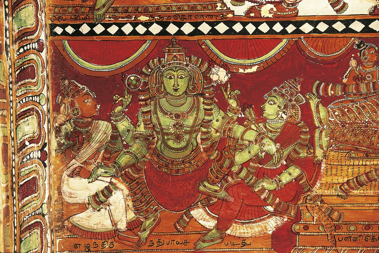 Visnu, detaljer fra fresker, der skildrer Shivas liv i helligdommen for Parvati, Nataraya-templet, Chidambaram, Tamil Nadu, Indien, 5. århundrede af Nicolas Toussaint Charlet