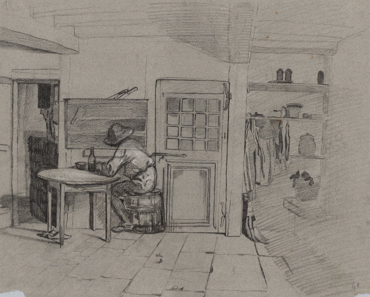 Et stuehusinteriør med en dreng ved et bord, ca. 1846. af Alexandre Gabriel Decamps