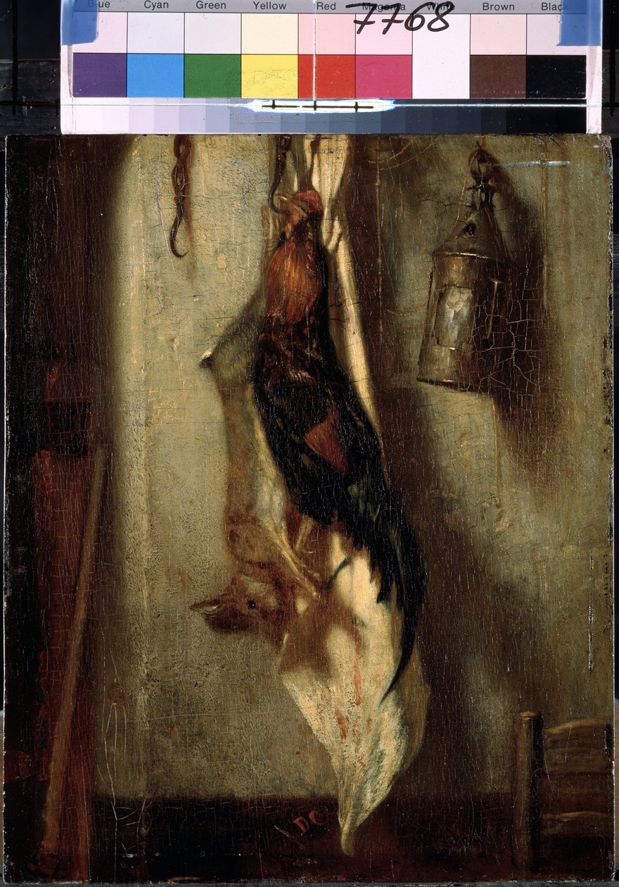 ""stilleben af ​​hane og hare, hængende på en krog og lanterne"" Maleri af Alexandre-Gabriel Decamps (Alexandre Gabriel) (1803-1860) 1800-tallet Dim. 28x24 cm Eremitagemuseet, Sankt Petersborg (Saint -Petersburg) af Alexandre Gabriel Decamps
