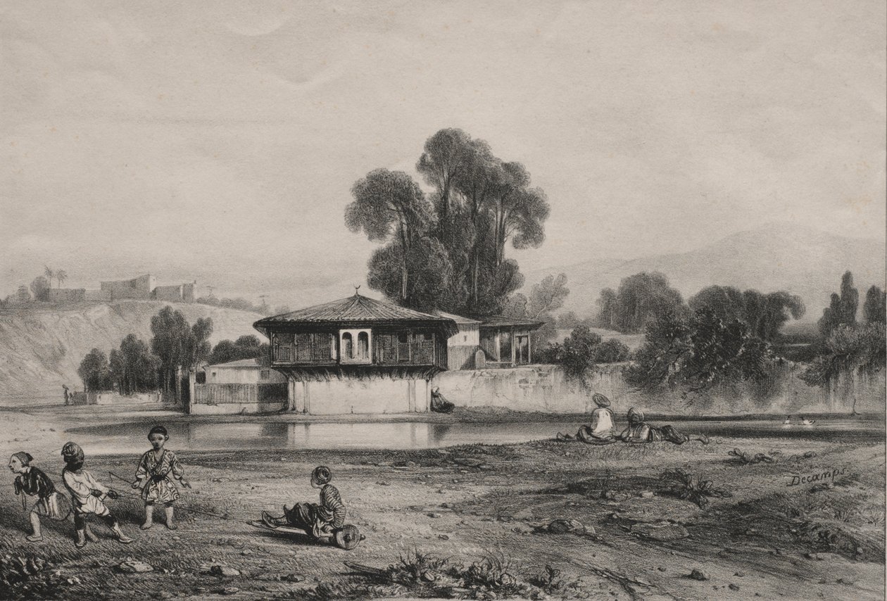 Pavillon ved kanten af en flod af Alexandre Gabriel Decamps