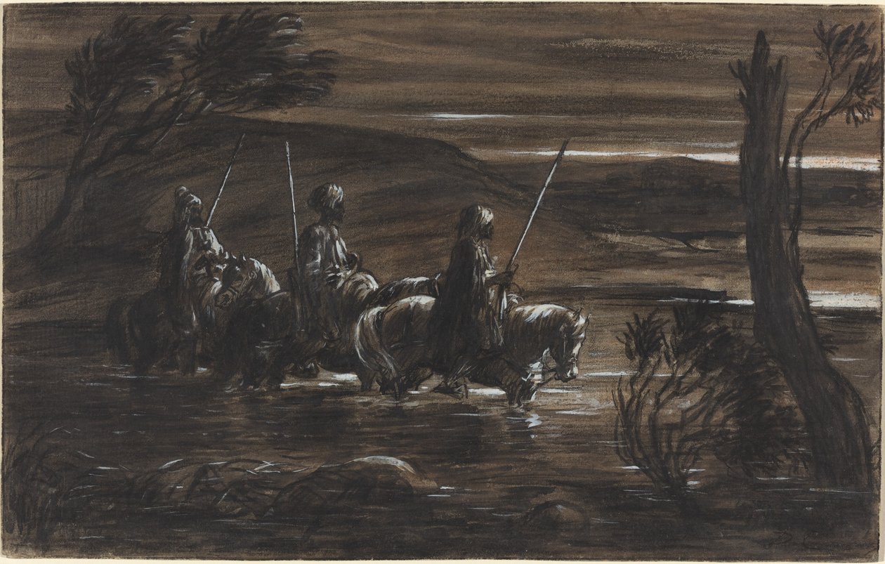 Tre arabiske ryttere krydser en flod af Alexandre Gabriel Decamps