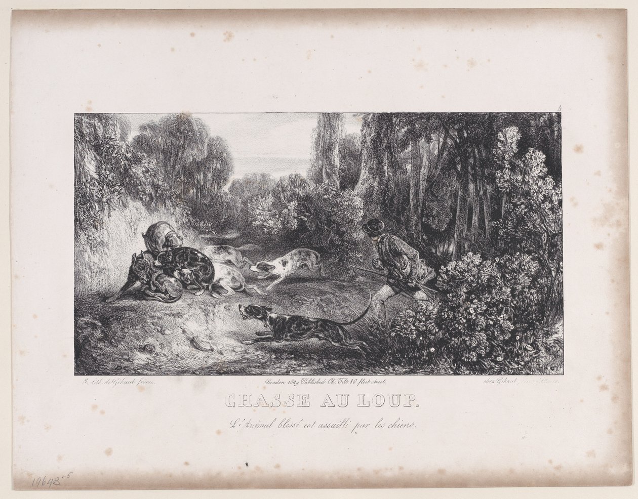 Wolf Hunt: Wounded Animal Attacked by Dogs, fra serien Hunting Scenes, 1829. af Alexandre Gabriel Decamps