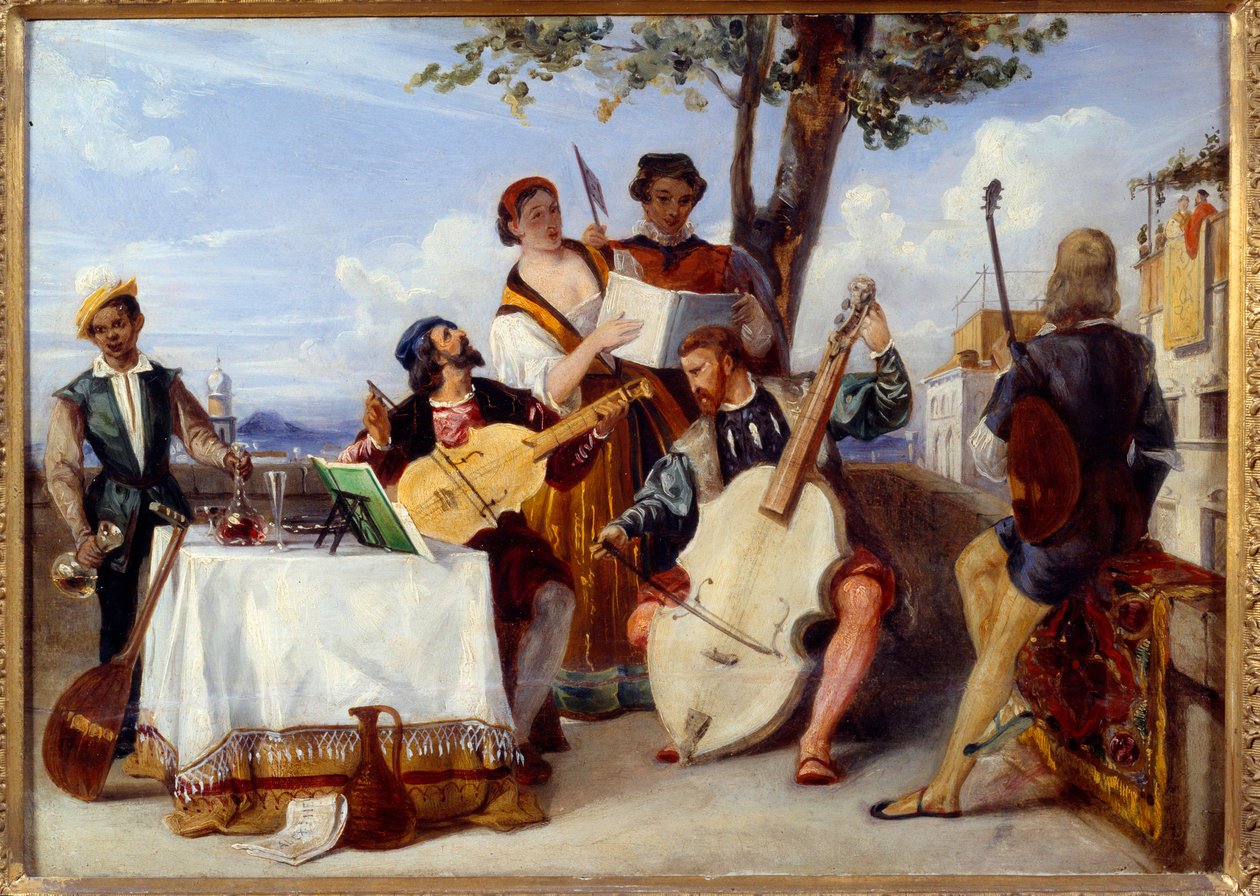 De venetianske koncertmusikere (cello, lut, violin) og sangere på en terrasse betjenes af en sort tjener. Maleri af Alexandre Hesse (1806-1879) 1800-tallets Nantes, Museum of Fine Arts af Alexandre Jean Baptiste Hesse