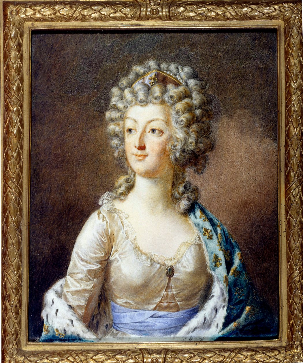 Portræt af Marie Antoinette (1755-1793) Dronning af Frankrig. Hendes frisure e ete frizz (hårkrøller) Maleri af Alexandre Kucharski (1741-1819) Privat samling fra det 18. århundrede af Alexandre Kucharski