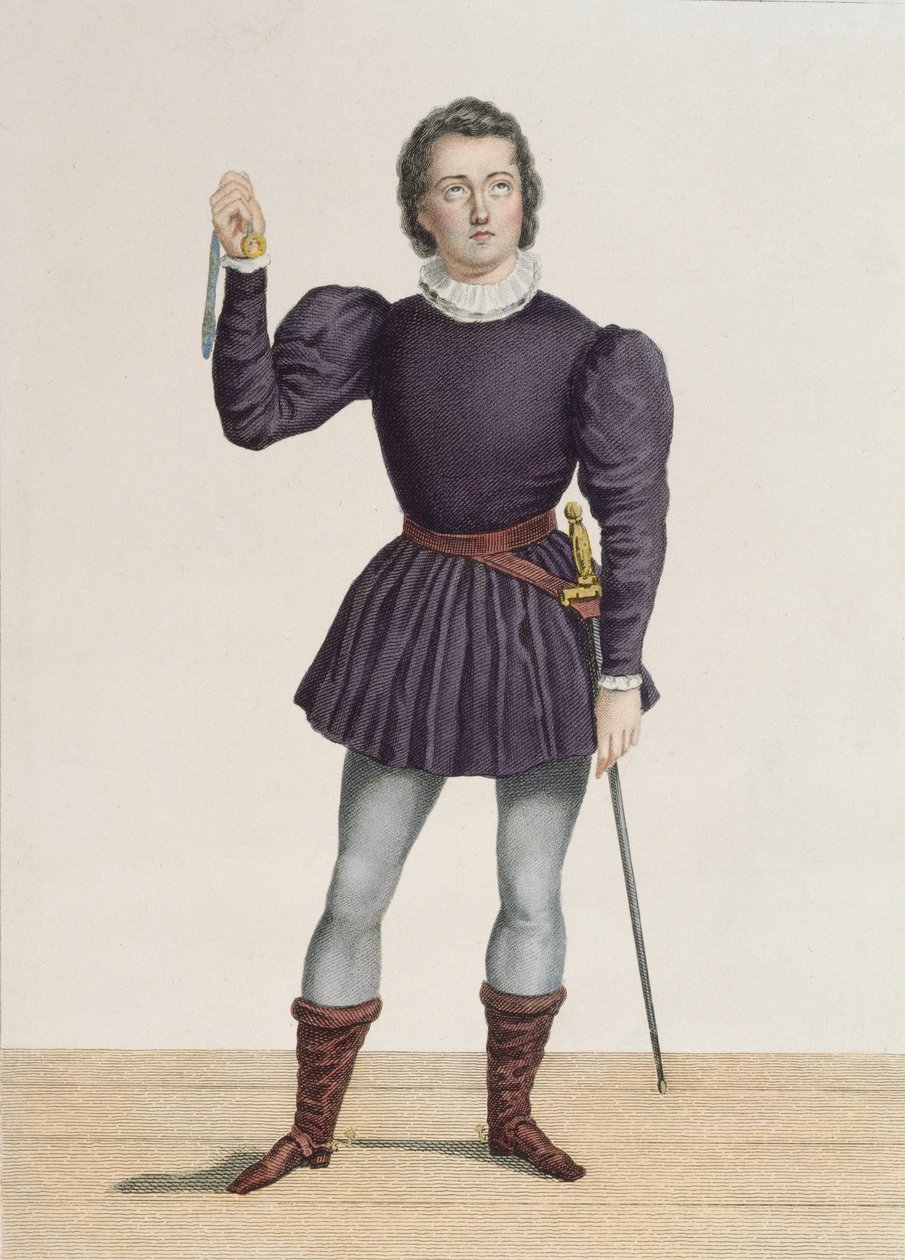 Frederick Lemaitre (1800-76) som Edgard i "La Fiancee de Lammermoor" af Walter Scott (1771-1832) på Theatre de la Porte Saint-Martin (farvestik) af Alexandre Lacauchie