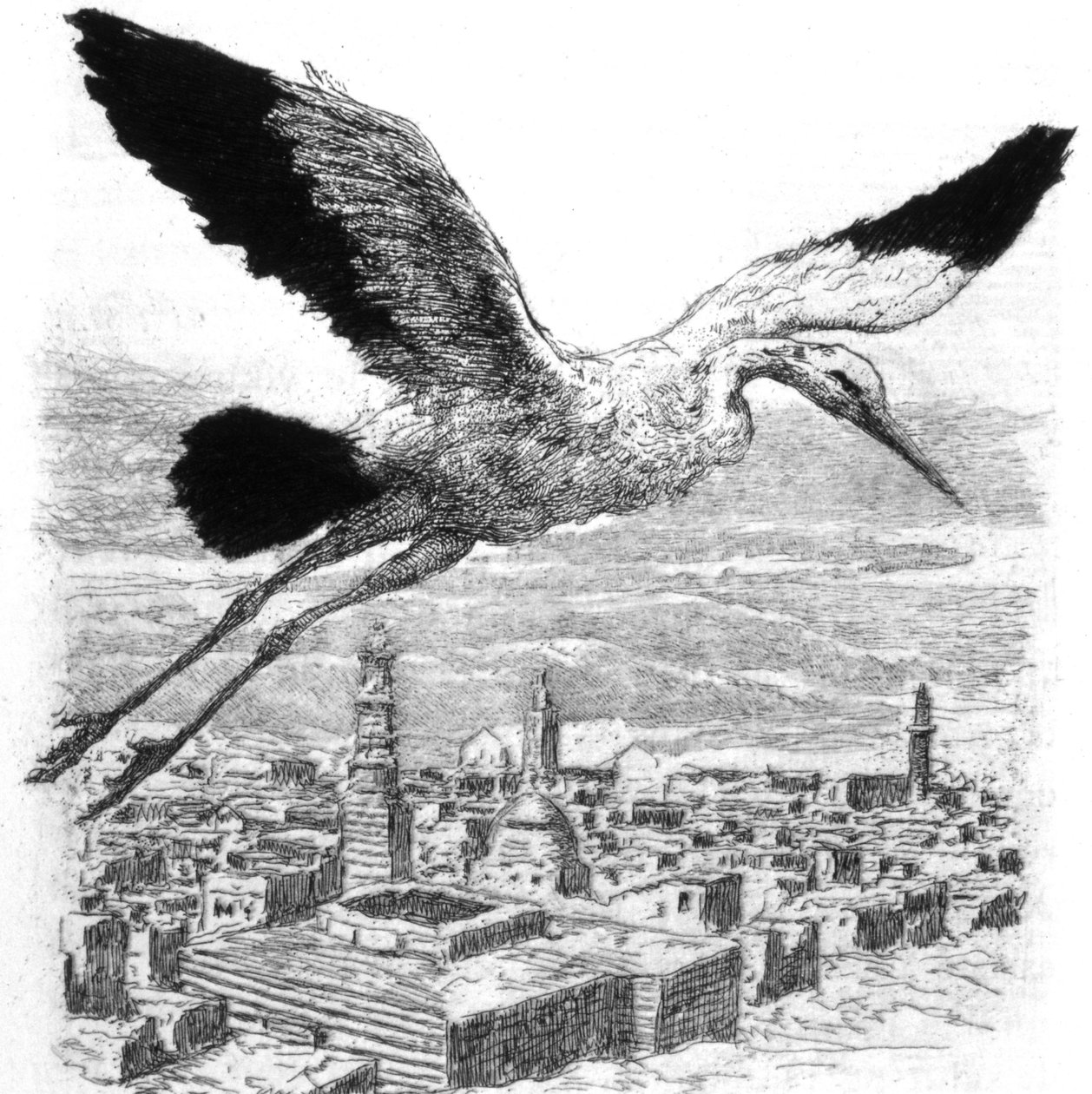 En stork, der flyver over en nordafrikansk landsby af Alexandre Lunois