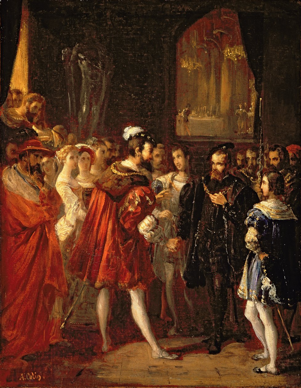 Charles V (1500-58) modtaget af Frans I (1494-1547) på Louvre, ca. 1843 af Alexandre Marie Colin