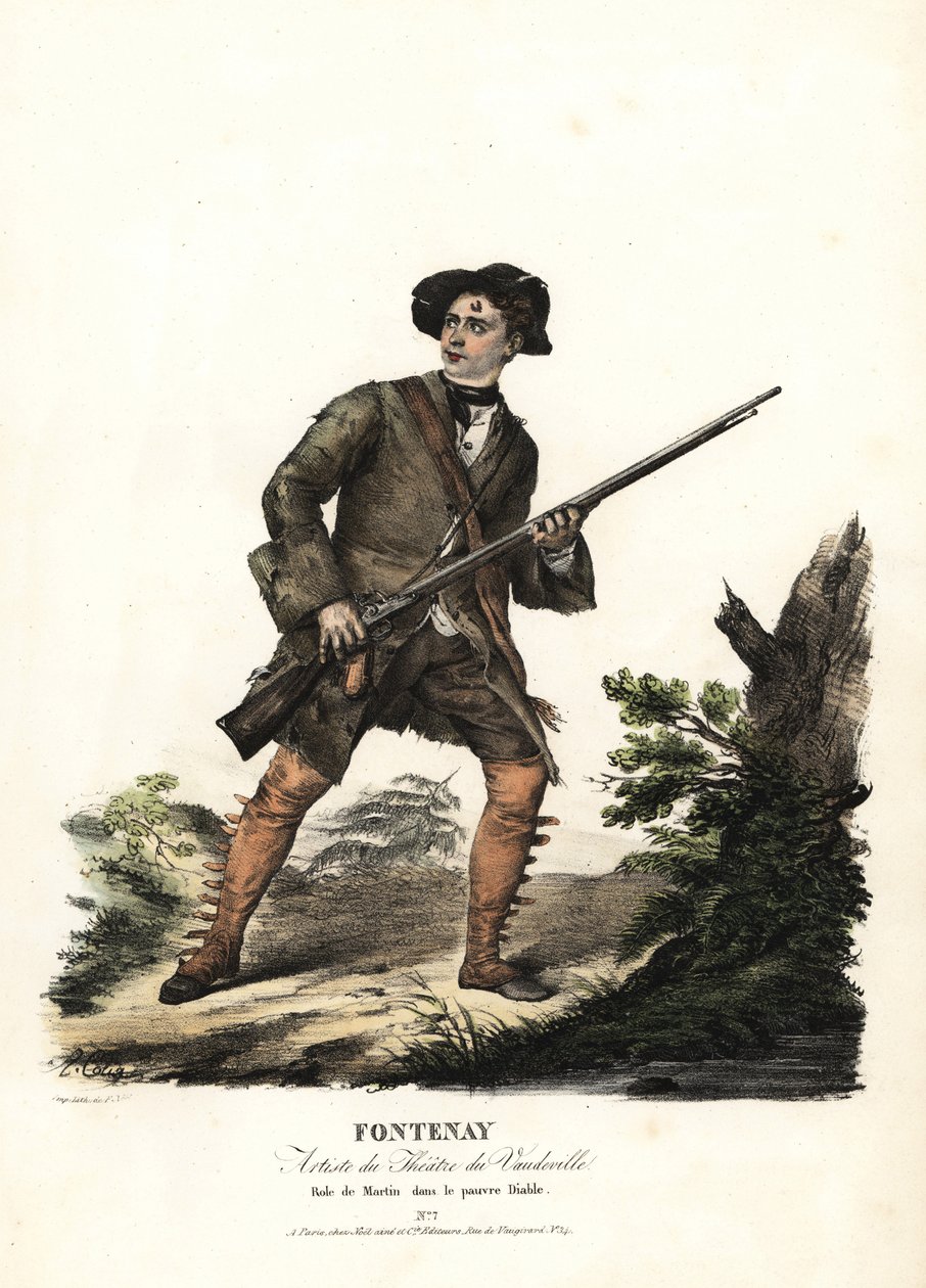 Jean-Baptiste Fontenay og Martin i Le Poor Diable af Balisson og Dumersan, Theatre du Vaudeville. Håndkoloreret litografi af F. Noel efter en illustration af Alexandre-Marie Colin fra portrætter af skuespillerinder i forskellige roller, F. Noel, Paris af Alexandre Marie Colin