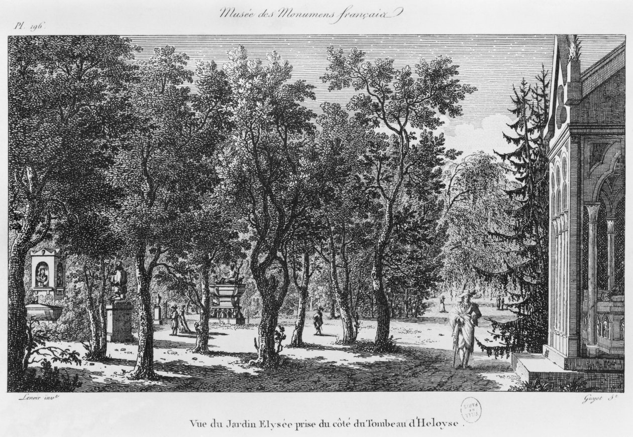 Musee des Monuments Francais, Paris, udsigt over Jardin Elysee fra Heloise og Abelards grav, indgraveret af Laurent Guyot (1756-1806) af Alexandre Marie Lenoir