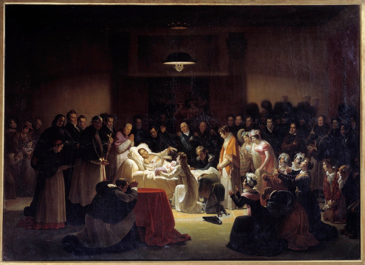 De sidste øjeblikke af hertugen af Berry (1778 - 1820) i Paris Opera omgivet af Ludvig XVIII og den kongelige familie. Maleri af Alexandre Menjaud (1773 - 1832) af Alexandre Menjaud