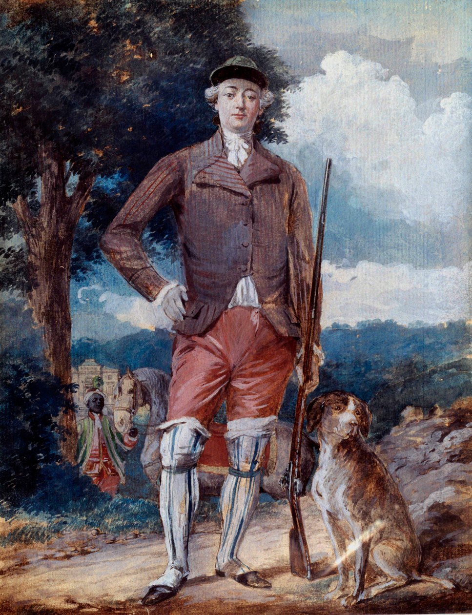 Portræt ved foden af Charles-Philippe af Frankrig (1757-1836), greve af Artois, fremtidige Charles X, i jægerdragt Akvarel af Alexandre Moitte (1750-1828) Amiens fra det 18. århundrede, Musee de Picardie af Alexandre Moitte