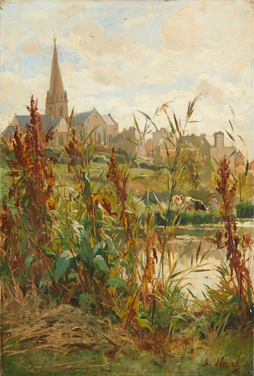 Kirke ved floden (olie på lærred) af Alexandre Nozal