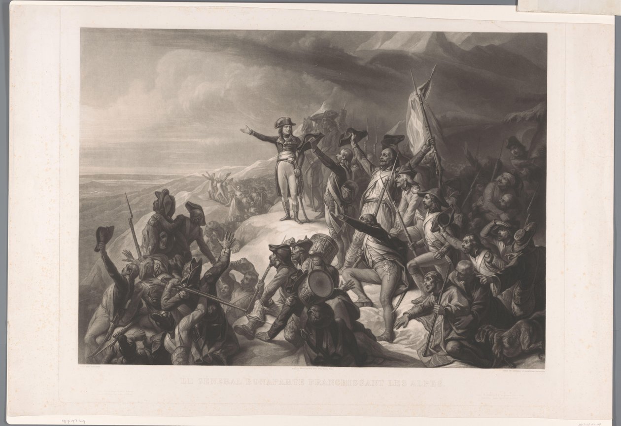 Napoleon Bonapartes overtog over de Alpen General Bonaparte krydser Alperne (titel på objektet) af Alexandre Vincent Sixdeniers