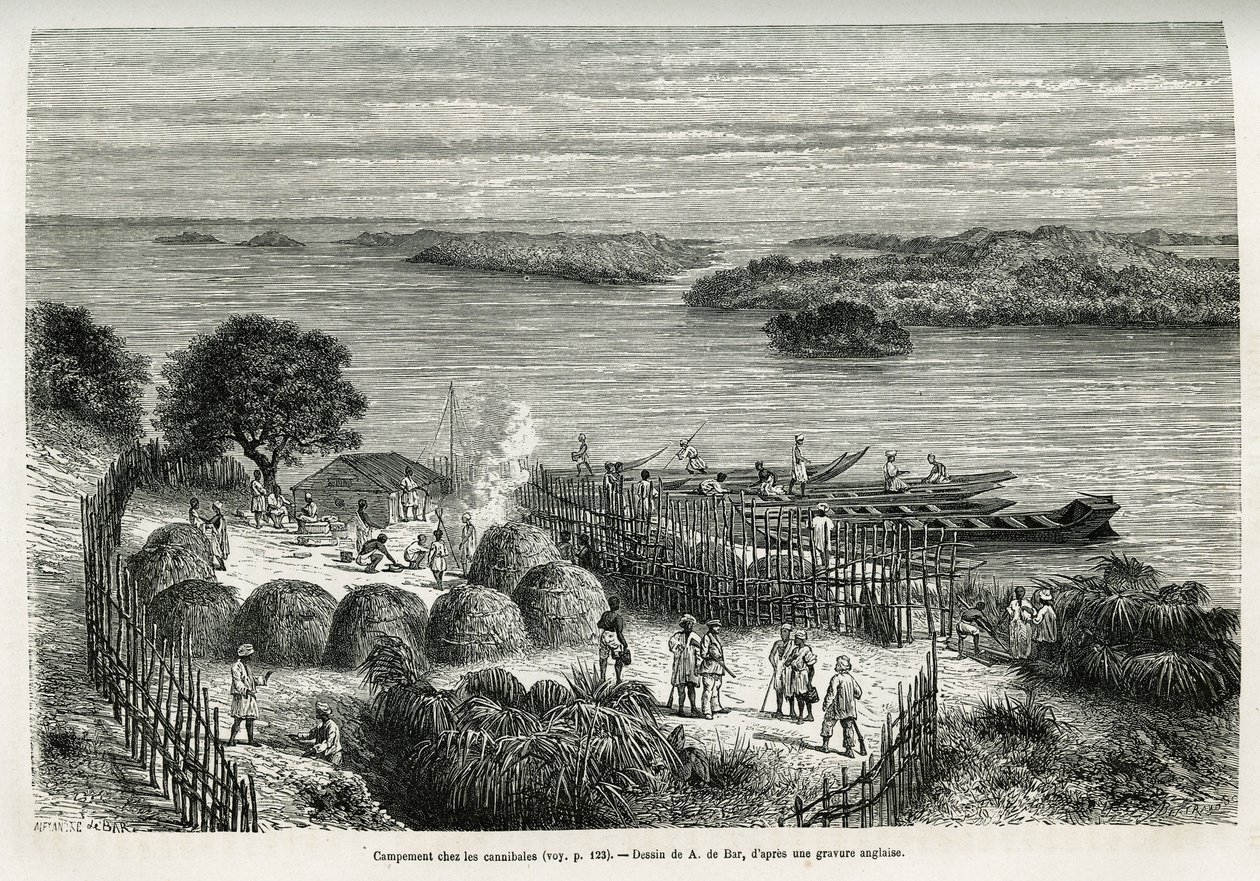 Lejren befæster ekspeditionen for at beskytte sig mod kannibalerne Mouana Ntaba, nær floden Leopold (Congo), tegnet af A.De Bar, for at illustrere historien "Over det mystiske kontinent", en rejse foretaget mellem 1874-1877, af Sir HM Stanley. Engravin af Alexandre de (after) Bar