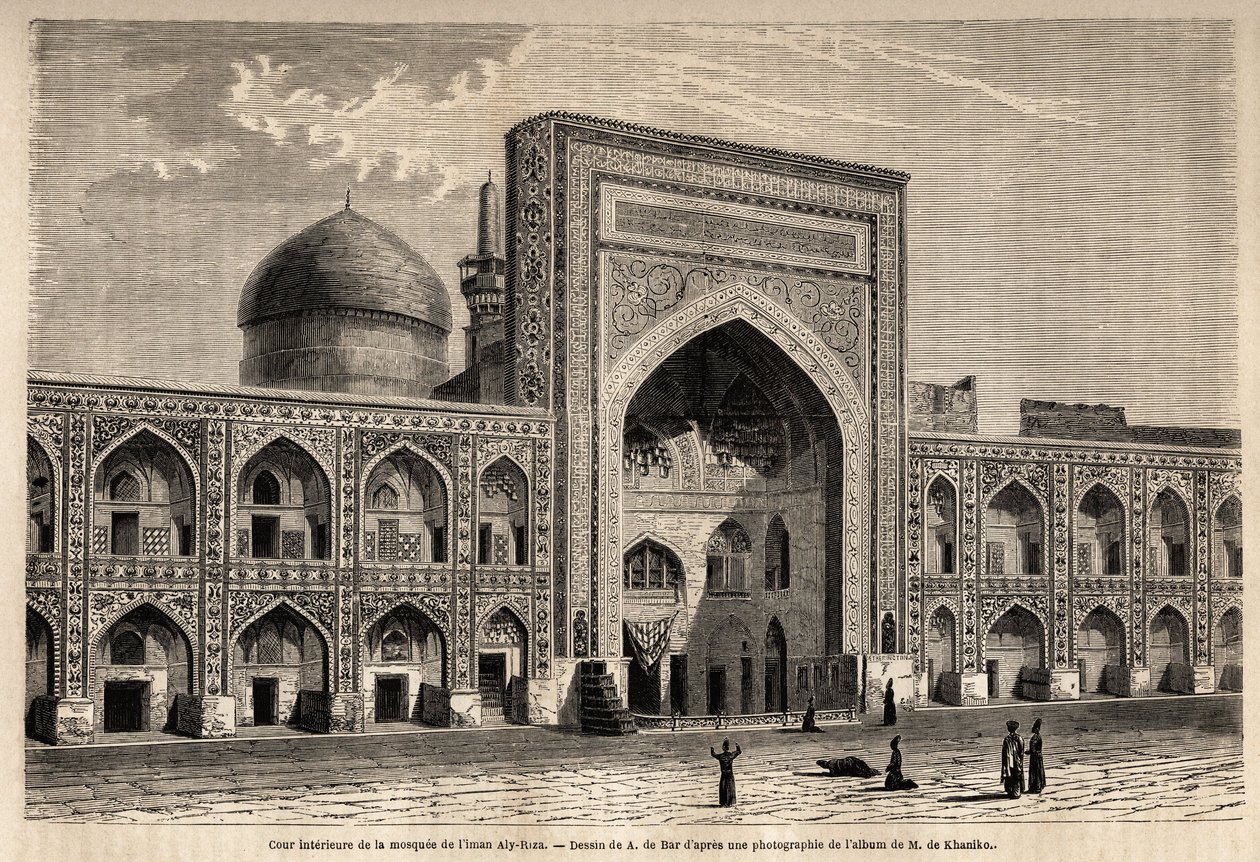 Indvendig gårdhave i moskeen af Imam Aly Riza a Mashhad, tegning af A. de Bar, for at illustrere rejsen til Khorasan (Khorasan, Chorasan eller Khurasan) i 1858, af N. de Khanikof. Stik i “” Le tour du monde”” 1861. Selvas samling. af Alexandre de (after) Bar