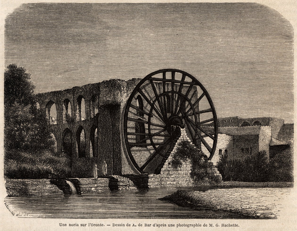 La noria (hydraulisk maskine til at hæve vandstanden ved hjælp af energien produceret af strømmen) ved Oronte-floden, en flod i Mellemøsten, der krydser Syrien til Middelhavet, tegnet af A.de Bar, for at illustrere Ernests mission Renan (1 af Alexandre de (after) Bar