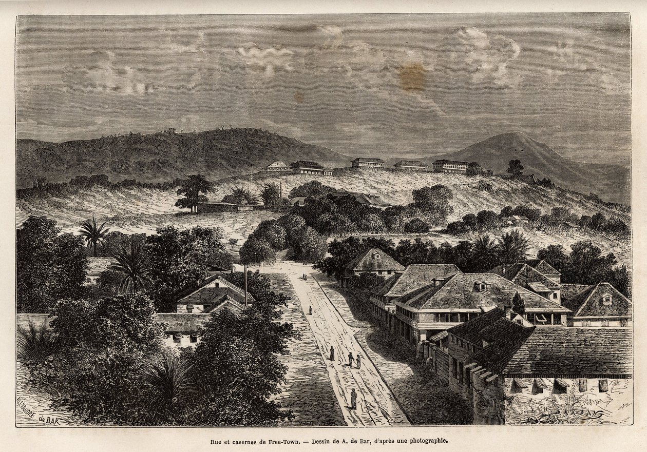 Rue et barack de Freetown, Sierra Leone, gravering efter tegningen af A. de Bar, der illustrerer rejsen til Côte d