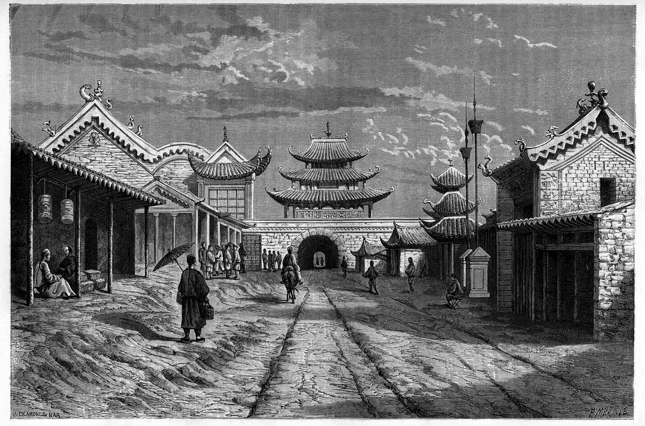 Udsigt fra en gade ved "Youn Tchen Sian", Kina. Gravering efter en tegning af A. de Bar, i "Le Tour du Monde, Nouveau journal des Voyages", redigeret af Edouard Charton, Paris af Alexandre de (after) Bar