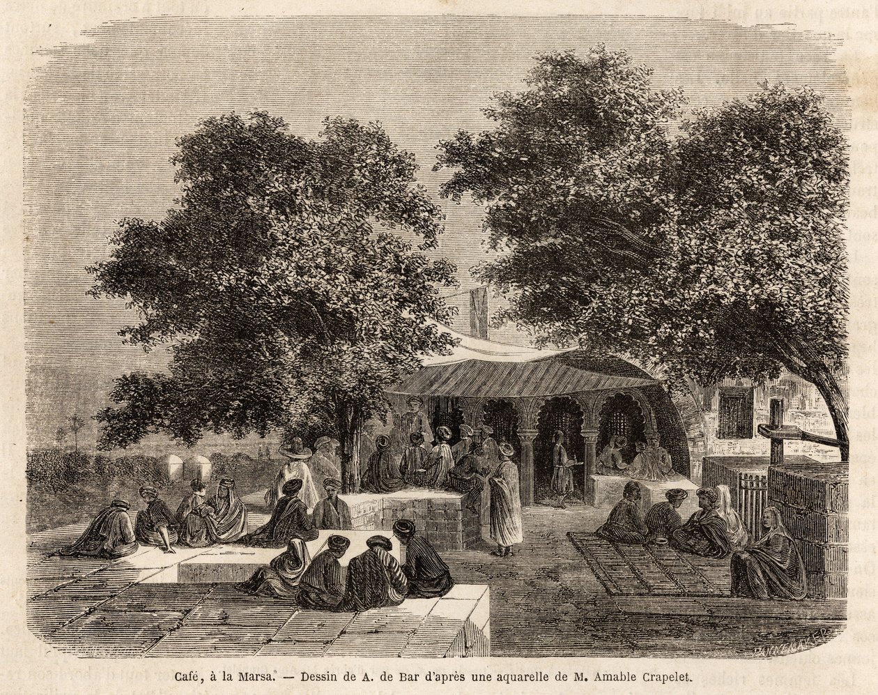 Udsigt over en cafe i La Marsa (Tunis), tegning af A.de Bar, for at illustrere en tur til Tunis, i 1859, af Amable Crapelet. Indgravering i "" Le tour du monde"", redigeret af Edouard Charton af Alexandre de (after) Bar