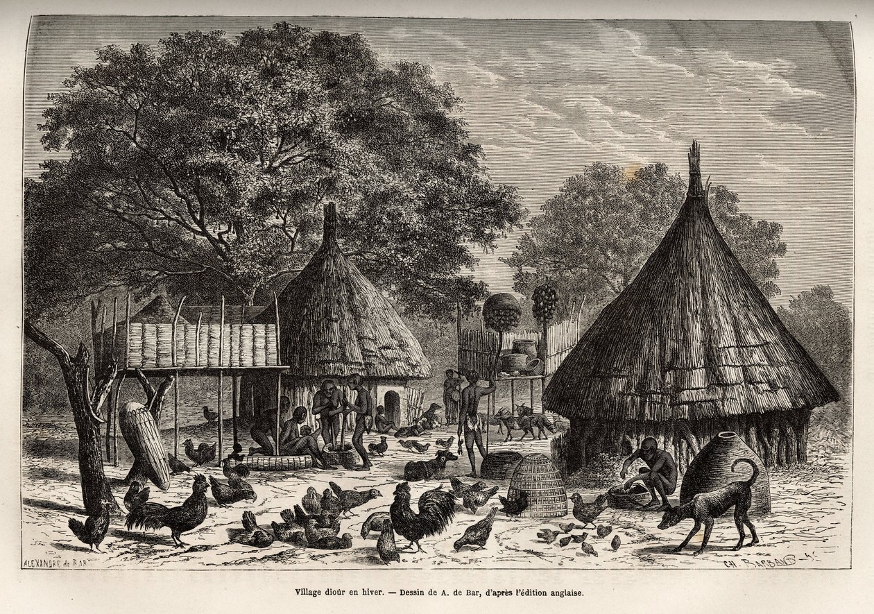 Village Diour om vinteren (Sudan) og indbyggernes daglige aktiviteter i midten af dyr opdraget af samfundet, gravering efter tegningen af A. de Bar, der illustrerer rejsen til Afrikas hjerte i 1868-1871, af Dr. Georges Schweinfurt af Alexandre de (after) Bar