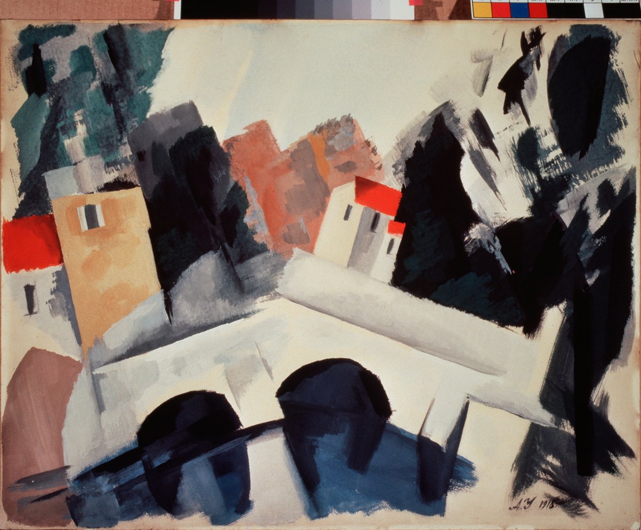 Un pont (En bro) - Værk af Alexei Alexandrovich Uspenski (1892-1941), gouache på papir af Alexei Alexandrovich Uspenski