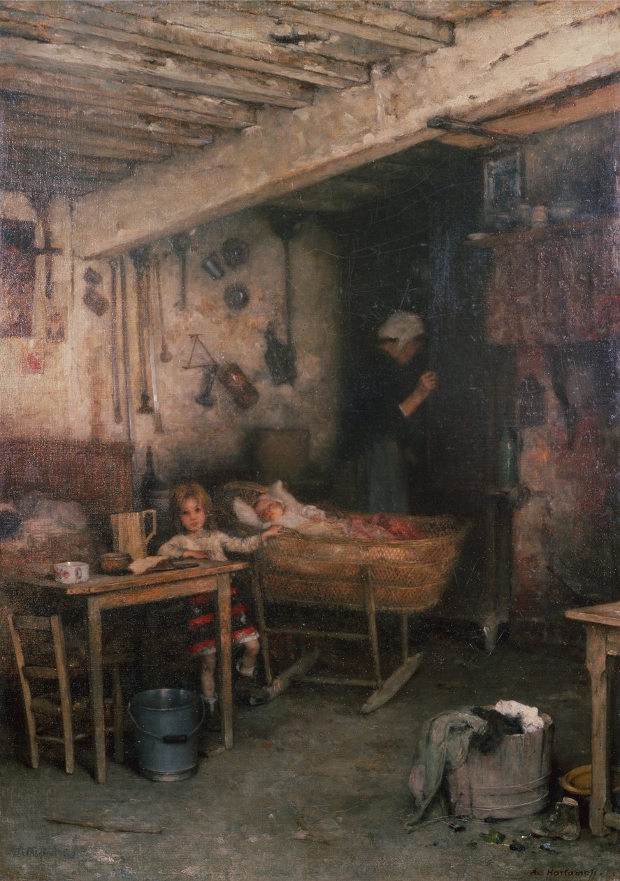 Børn i et sommerhus interiør (olie på lærred) af Alexei Alexevich Harlamoff