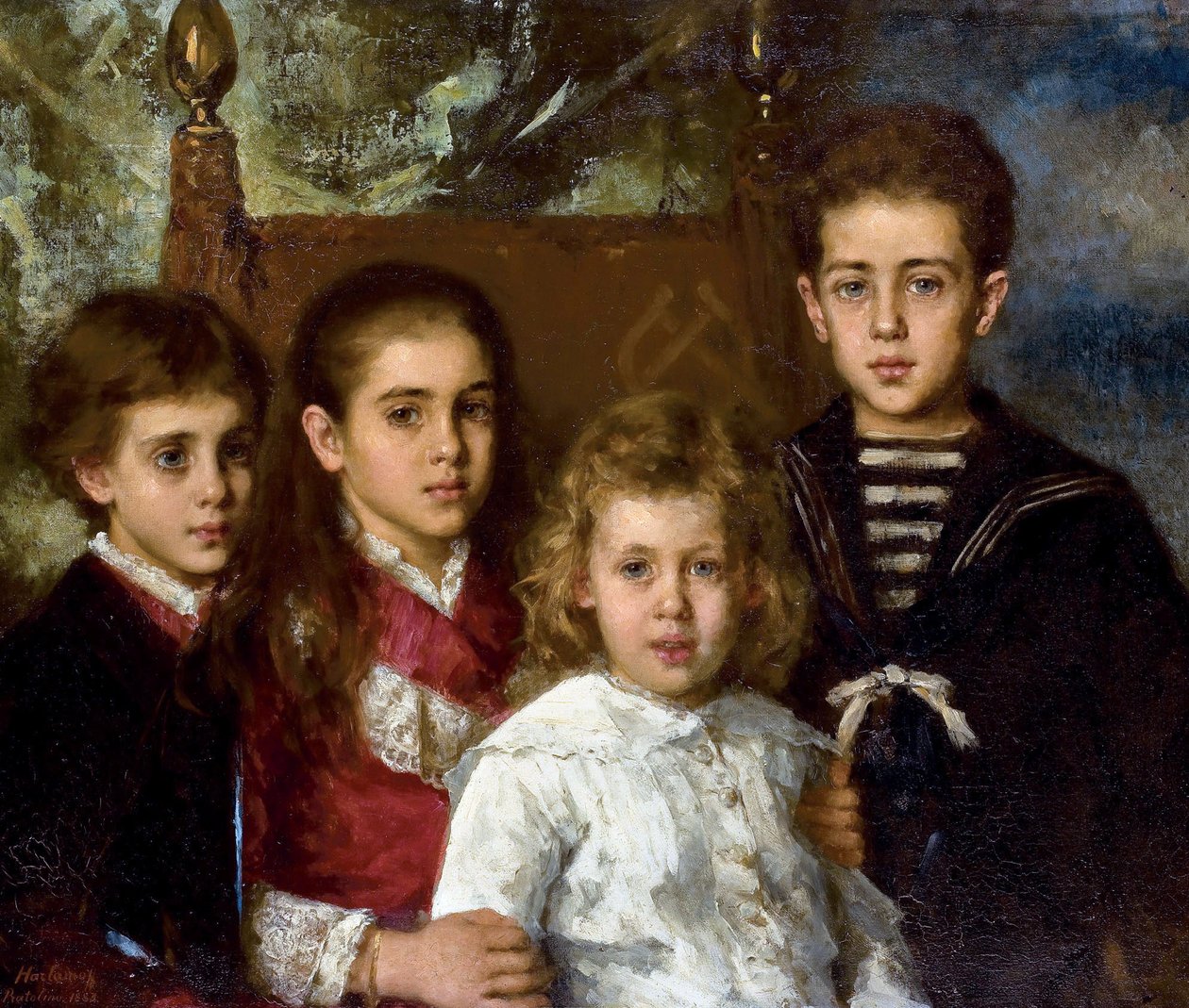 Portræt af børnene af Paul Pavlovich Demidoff, 2. prins af San Donato (1839-1885), Aurore Anatol, Maria og Pavel - Peinture de Alexei Alexeyevich Harlamov (1840-1922) - 1883 - Olie på lærred - 76,5x90 - Privat samling af Alexei Alexevich Harlamoff