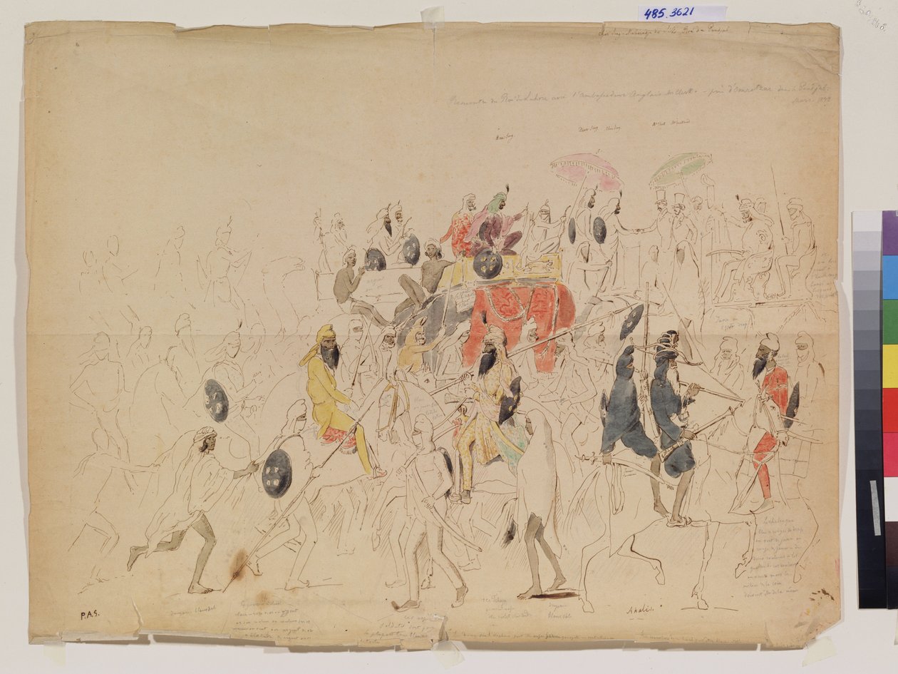 Mødet mellem Maharaja Sher Singh (1807-1843) fra Punjab (Indien) og den britiske ambassadør Clark (?) i 1842. Værk af Alexei Dmiitryevich Saltykov (1806-1859), blyant, akvarel og blæk på papir af Alexei Dmitrievich Saltykov