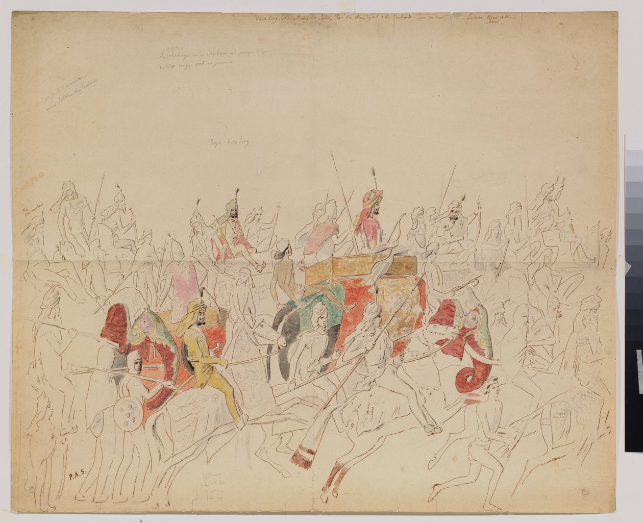 Maharaja Sher Singh (1807-1843) fra Punjab (Indien) og hans hof. Værk af Alexei Dmitrievich Saltykov (1806-1859), akvarelblyant og blæk på papir af Alexei Dmitrievich Saltykov