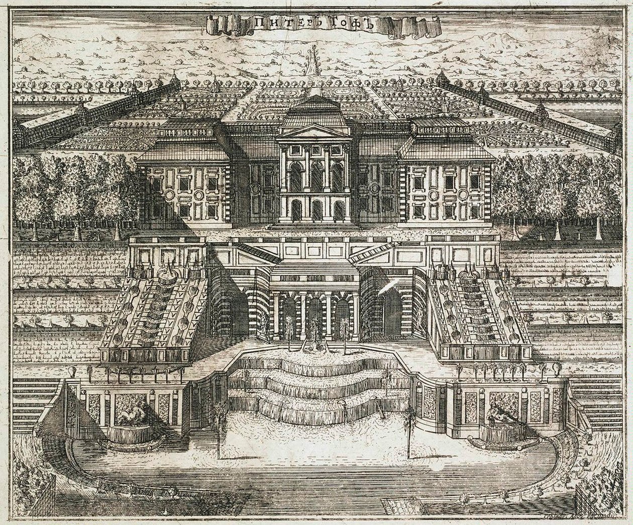 Udsigt over det store palads i Peterhof, 1717. af Alexei Ivanovich Rostovtsev