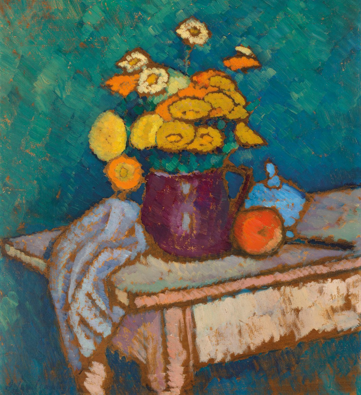 Stadig liv med klud, blomster i kande og æble, 1909-1910. af Alexei Javlensky von