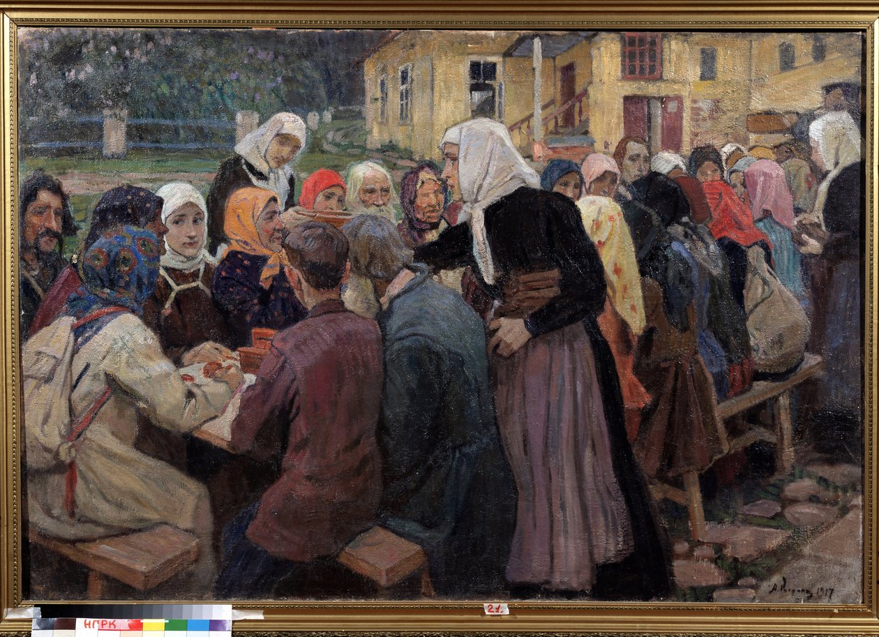 Måltidet. Et langt bord opstillet i haven, for at servere frokost for en flok mennesker, de vagthavende kvinder er iført hvide tørklæder. Maleri af Alexei Mikhaylovich Korin (Korine) (1865-1923), olie på lærred af Alexei Mikhailovich Korin