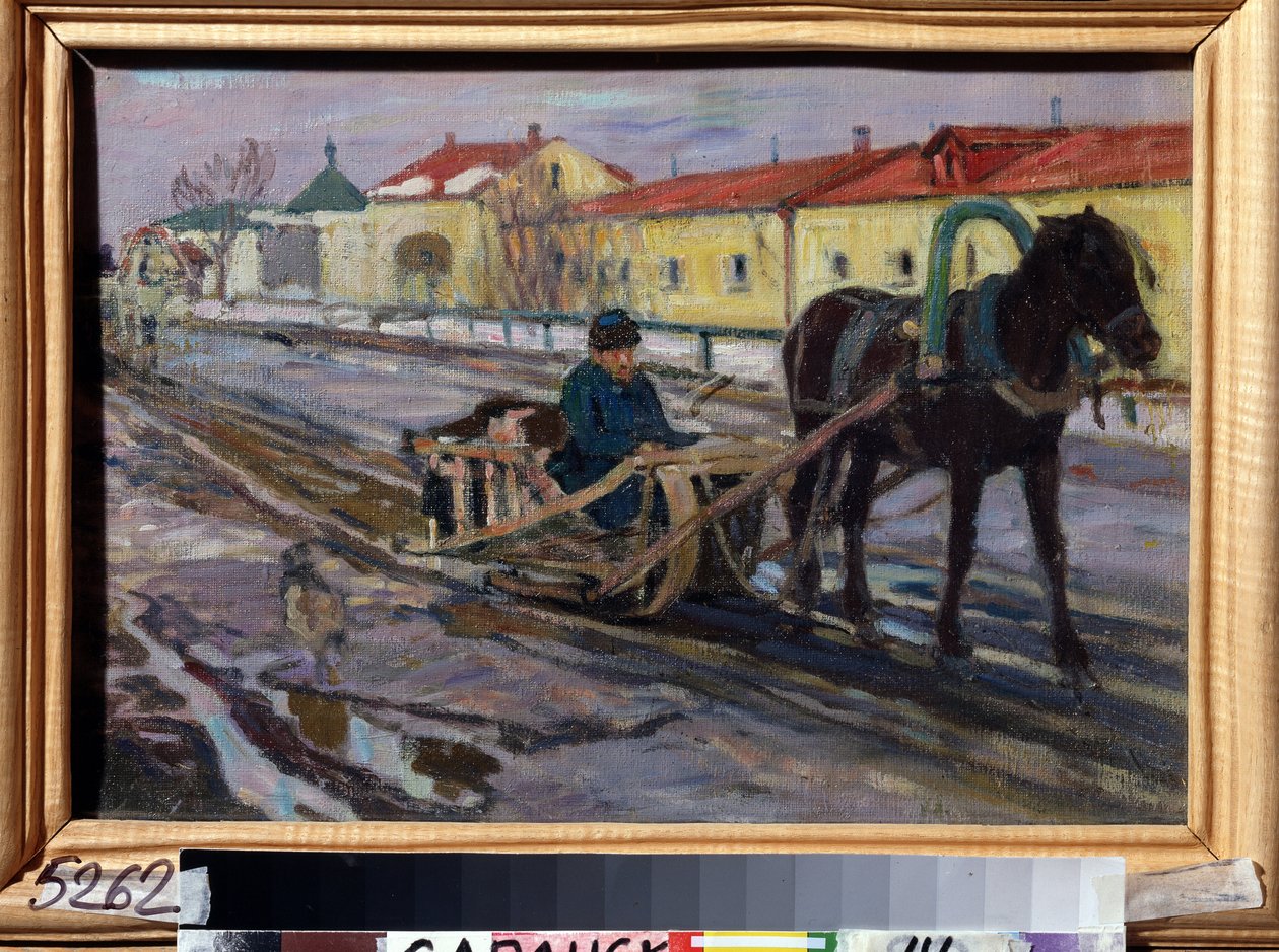 Hesteslæde (Slædetur). På gaden i en russisk landsby kører en mand om vinteren et hold. Maleri af Alexei Mikhaylovich Korin (Korine) (1865-1923), olie på lærred af Alexei Mikhailovich Korin